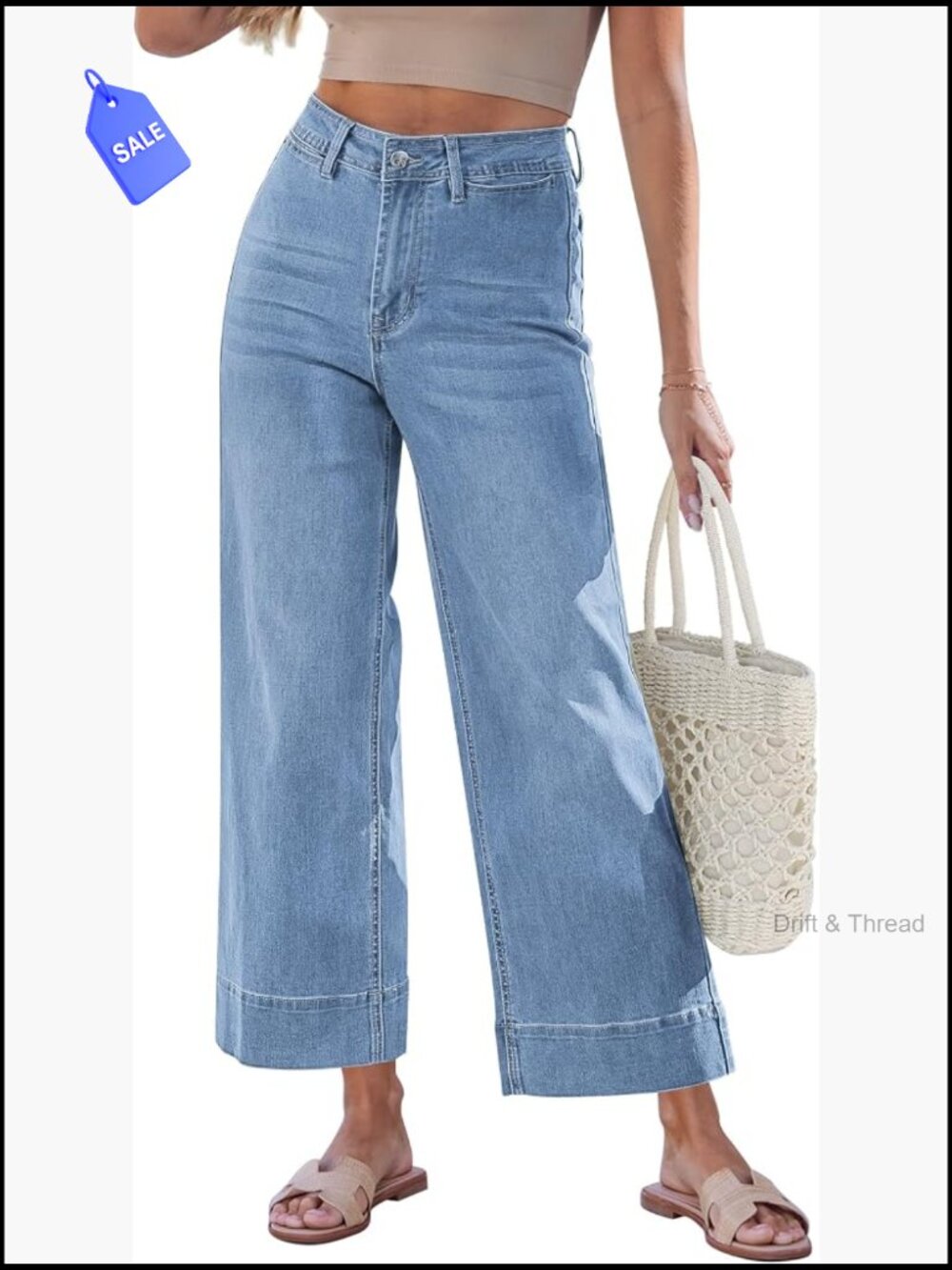 Wide Leg Cropped High Waist Distressed Stretch Denim Jeans Women Trendy